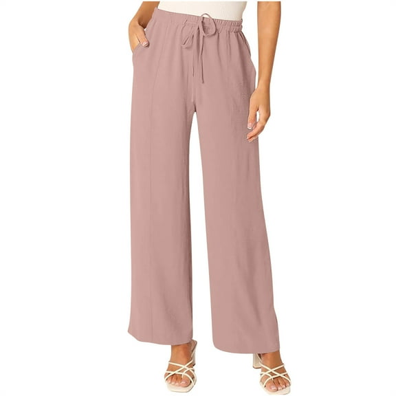 ZZwxWA Athletic Cropped Pants for Women, Women's Summer Casual Solid Color Cotton Linen Drawstring Elastic High Waist Pants 4 Pockets Comfortable Flowing Pants Wide Leg Pants Womens Pants