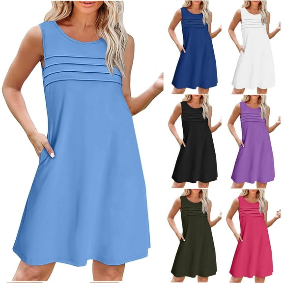 ZZwxWA Beach Dresses for Women 2025 Vacation Women's Summer Sleeveless Sundress Casual Pleated Mini Dress with Pockets