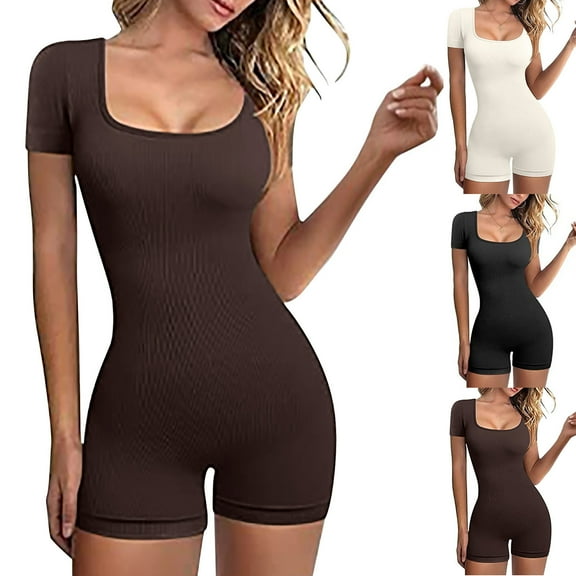ZZwxWA Bodysuits for Women Sexy Slim Fit Comfy Bodysuit Tops U-Neck Short Sleeve Tops Bodycon Stretchy Jumpsuit Rompers