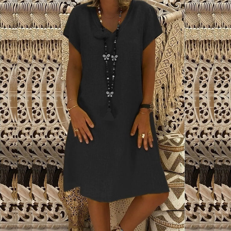 Zzwxwa Boho Dress for Women, Linen Midi Dress Women Short Sleeve V Neck Boho Beach Dress African Summer Knee Length Tsihrt Dresses, Women's, Size: