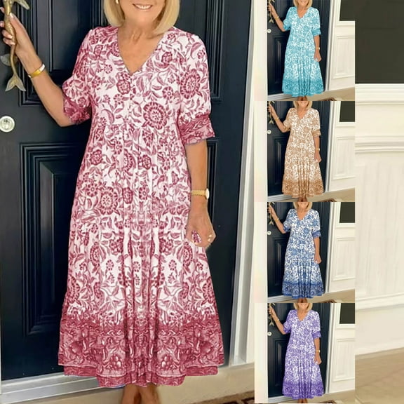 ZZwxWA Boho Summer Dress for Womens Floral Maxi Dresses Casual Short Sleeve Long Beach Dress 2025 Women's Plus Size Retro Sundress