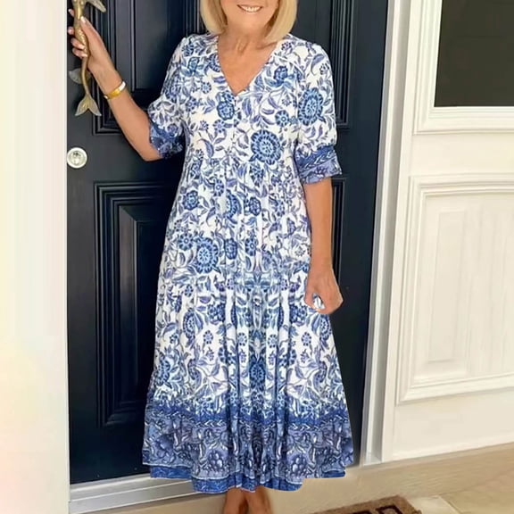 ZZwxWA Boho Summer Dress for Womens Floral Maxi Dresses Casual Short Sleeve Long Beach Dress 2025 Women's Plus Size Retro Sundress