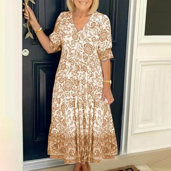 ZZwxWA Boho Summer Dress for Womens Floral Maxi Dresses Casual Short Sleeve Long Beach Dress 2025 Women's Plus Size Retro Sundress