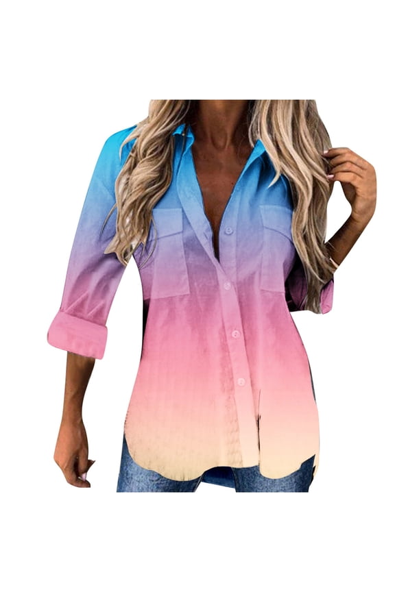 Cardigan Gradient Print Lapel Trendy Button Down with Pocket Loose Fit Cardigan Blouse Summer Vacation Beach Party Cover Up Maxi Summer Tops for Women 2025 Trendy 3/4 Sleeve T-shirts Pink XXL