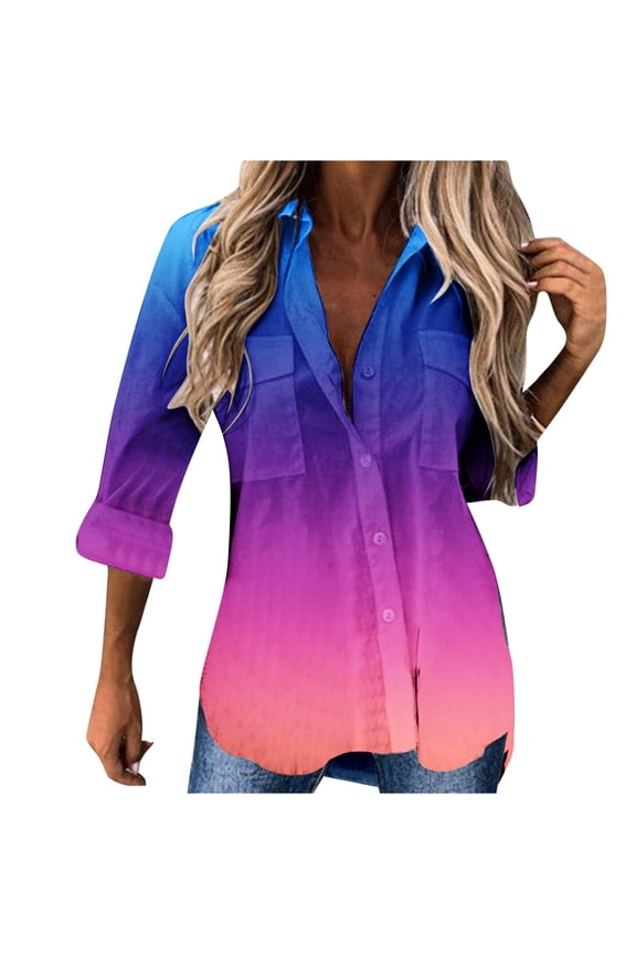 Cardigan Gradient Print Lapel Trendy Button Down with Pocket Loose Fit Cardigan Blouse Summer Vacation Beach Party Cover Up Maxi Summer Tops for Women 2025 Trendy 3/4 Sleeve T-shirts Purple S