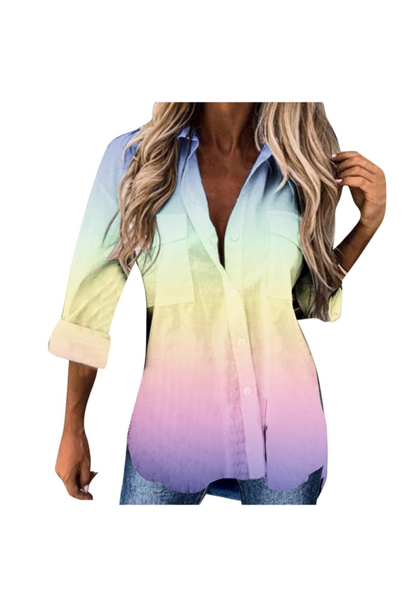 Cardigan Gradient Print Lapel Trendy Button Down with Pocket Loose Fit Cardigan Blouse Summer Vacation Beach Party Cover Up Maxi Summer Tops for Women 2025 Trendy 3/4 Sleeve T-shirts Yellow XL