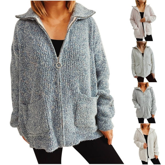ZZwxWA Cardigan Sweaters for Women Zip Up Chunky Knit Cardigan Winter Lapel Casual Loose Knitwears with Pocket Trendy Jacket
