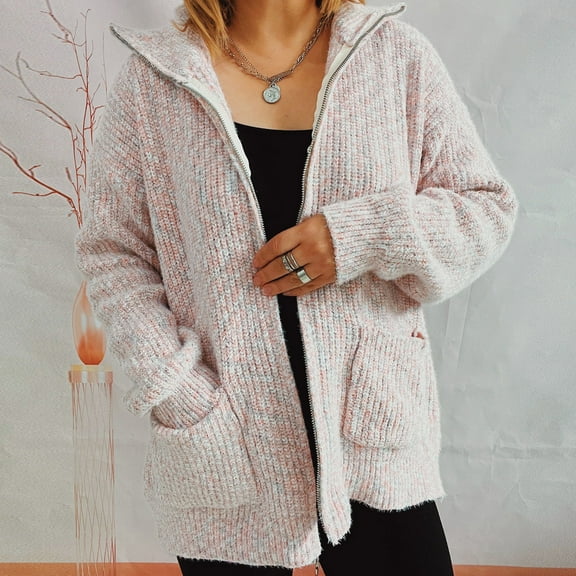 ZZwxWA Cardigan Sweaters for Women Zip Up Chunky Knit Cardigan Winter Lapel Casual Loose Knitwears with Pocket Trendy Jacket