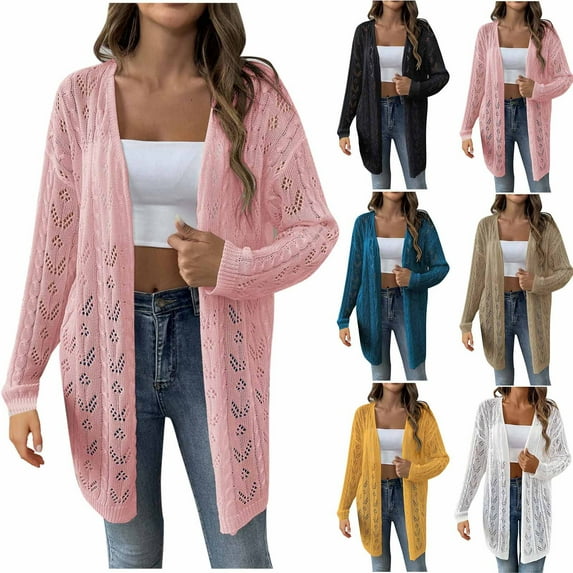 ZZwxWA Cardigan for Women Long Lightweight Open Front Hollow-out Long Sleeve Cardigans Outwear Casual Shrug Crochet Sweater