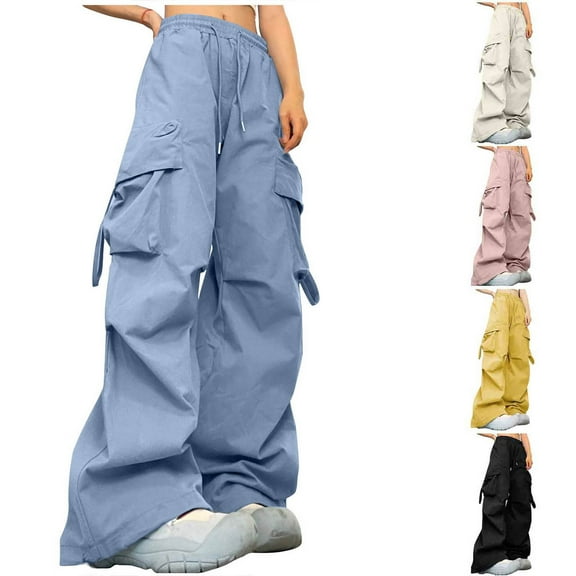 ZZwxWA Cargo Pants for Women High Waisted Drawstring Casual Parachute Pants Baggy Wide Leg Rave Festival Outfits Y2K Streetwear with Pockets