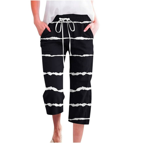 ZZwxWA Casual Pants Striped Print Trendy Elastic Drawstring Straight Cotton Linen Vacation Beach Wide Leg Below the Knee High Waist Trousers Black L