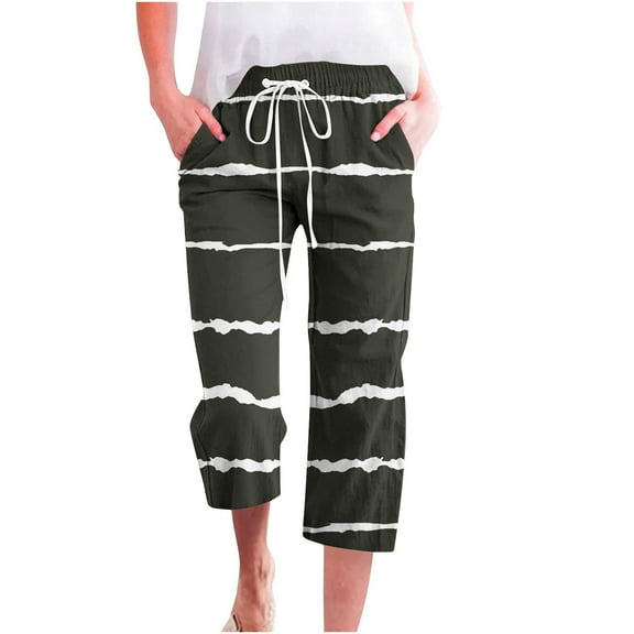 ZZwxWA Casual Pants Striped Print Trendy Elastic Drawstring Straight Cotton Linen Vacation Beach Wide Leg Below the Knee High Waist Trousers Army Green L