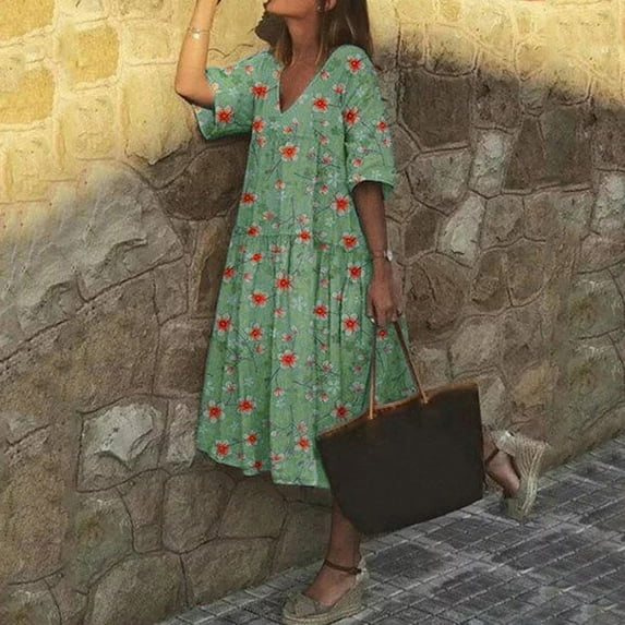 ZZwxWA Casual Short Sleeve V Neck Dress for Womens 2025 Floral Print Oversize Summer Beach Dress Loose Fit Tiered Ruffle Flowy Swing Hem Sundress Green X-Large