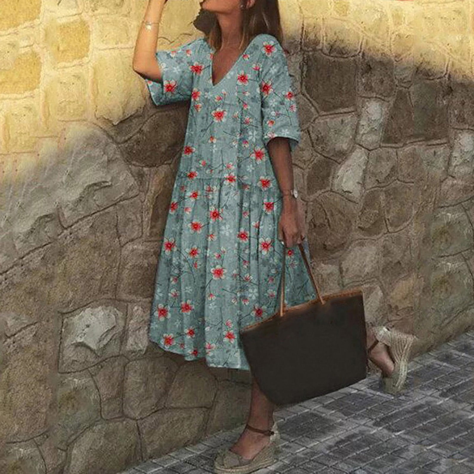 Ellazhu Women's Oversized Mock Neck Dress — Mid-Length, Long Sleeve, Split Hem, Casual Printed GZ663