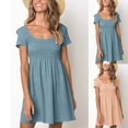 thumbnail image 1 of ZZwxWA Casual Summer Dresses for Women Ruched Elastic Waist Knee Length Dresses Solid Color Short Sleeve Square Neck Dress Holiday Beach, 1 of 7