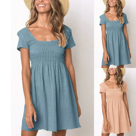 ZZwxWA Casual Summer Dresses for Women Ruched Elastic Waist Knee Length Dresses Solid Color Short Sleeve Square Neck Dress Holiday Beach