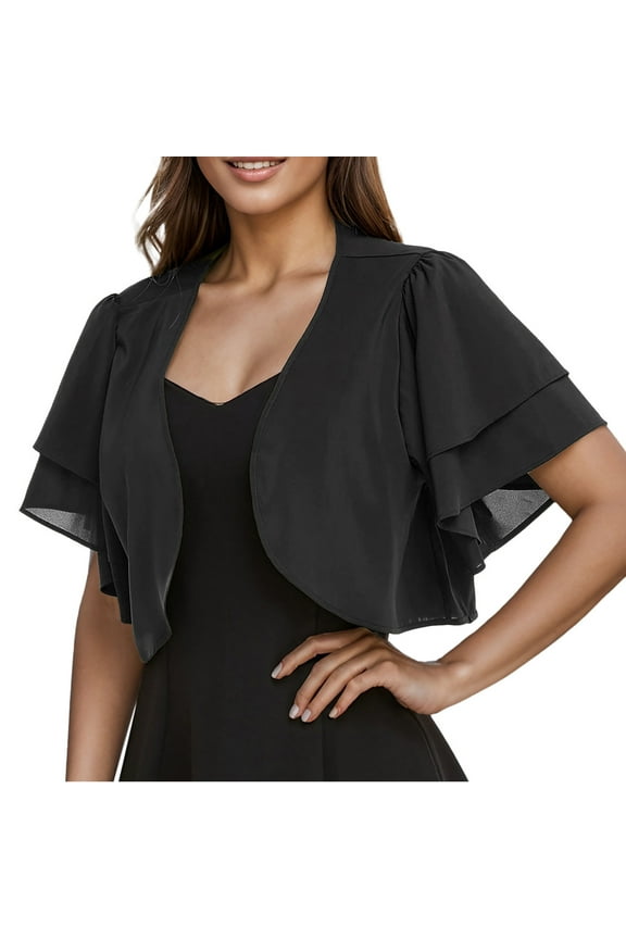 Chiffon Women's Dressy Cardigan Shrug Ruffle Short Sleeve Open Front Loose Sheer Jackets for Tops