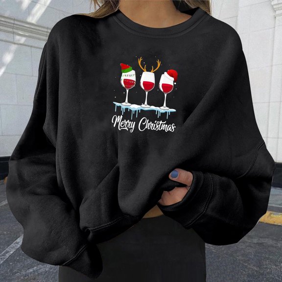 ZZwxWA Christmas Womens Sweater Hoodless Comfy Women's Pullover Sweatshirt Blouse Long Sleeve Womens Sweatshirt Red Wine Glass Print Casual Tops Crewneck Shirts Cleanance Sale
