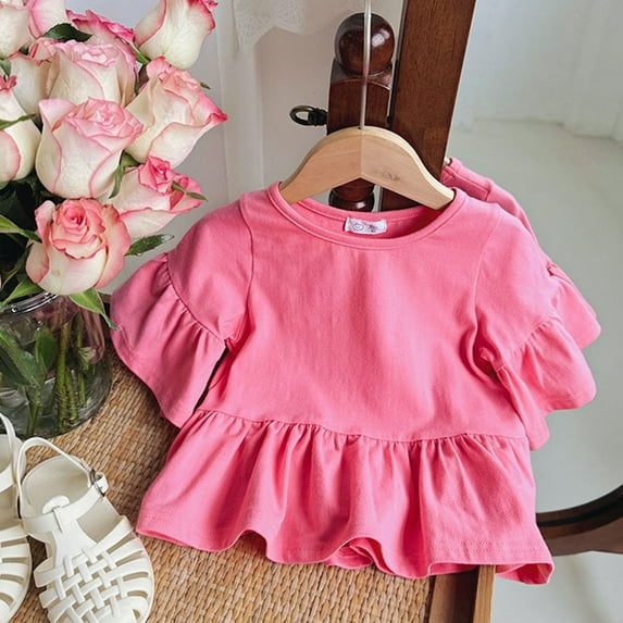 ZZwxWA Clearance Sales Children Solid Color Loose Girl Ruffle Sleeve Round-Neck Blouses Western Style Top Newborn Girl Outfits