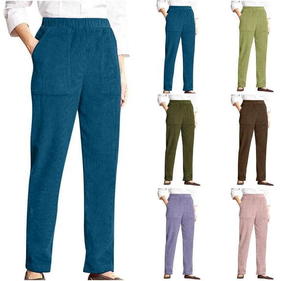 ZZwxWA Corduroy Pants for Women Elastic High Waist Pull on Straight Leg Slacks Casual Fall Trousers with Pockets
