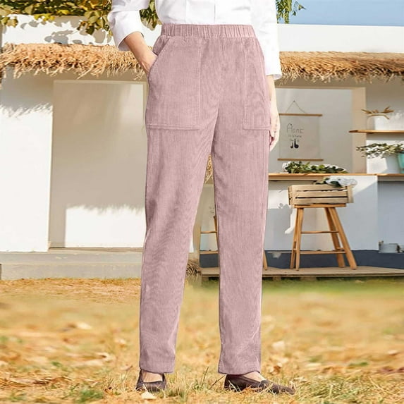 ZZwxWA Corduroy Pants for Women Elastic High Waist Pull on Straight Leg Slacks Casual Fall Trousers with Pockets