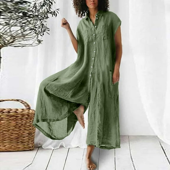 ZZwxWA Cotton and Linen Short Sleeve Lapel Button Down with Pocket Womens Jumpsuits Wide Leg Relaxed Fit Casual Pants Solid Summer Vacation Trousers