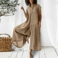 thumbnail image 1 of ZZwxWA Cotton And Linen Short Sleeve Lapel Button Down With Pocket Womens Jumpsuits Wide Leg Relaxed Fit Casual Pants Solid Summer Vacation Trousers, 1 of 5