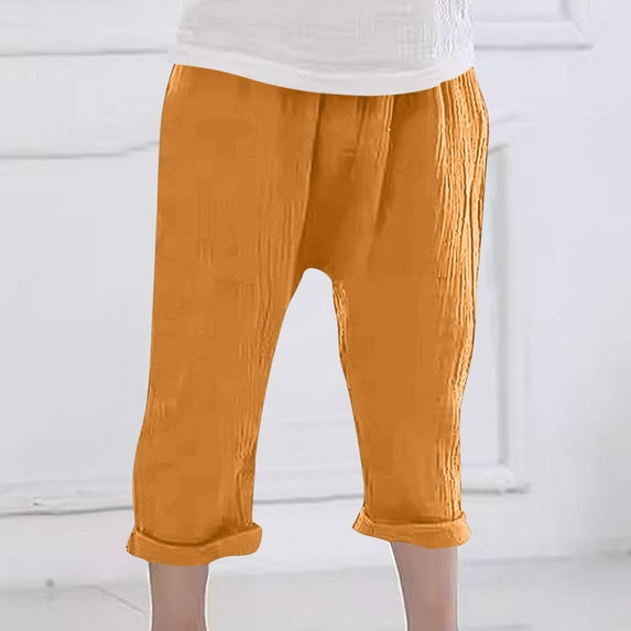 ZZwxWA Cotton Linen Kids Casual Pants with Rolled Hem Elastic Waist Comfortable Loose Fit Trousers for Daily Wear Today Discount