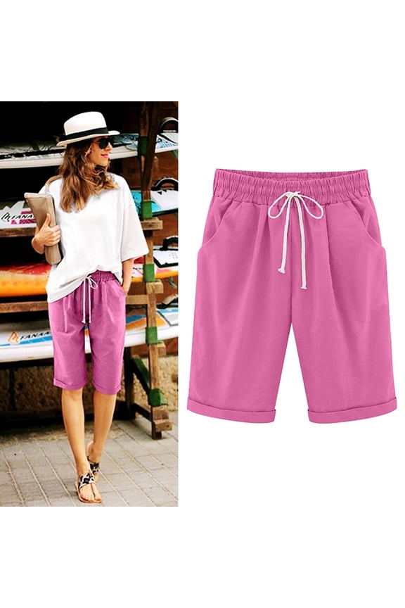 Cotton Linen Oversize Womens Leisure Pants Knee Length Drawstring Elastic High Waist Solid Color Pleated Summer Cute Short Trousers