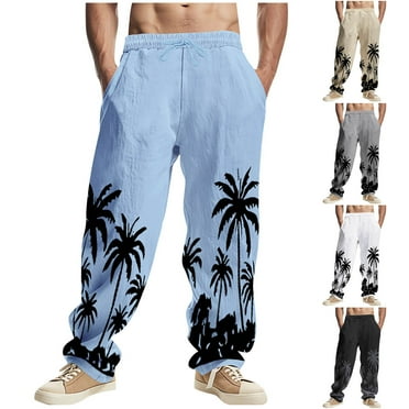 ZZwxWA Cotton Linen Pants Mens Casual Hawaiian Wide Leg Baggy Pants Elastic Drawstring Waist Summer Tropical Beach Trousers Sales