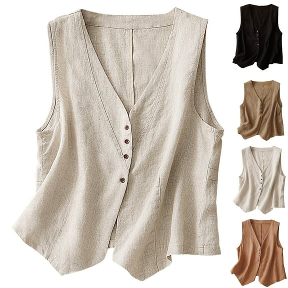 ZZwxWA Cotton Linen Vest for Women Sleeveless Button Down Coats Casual Lightweight V Neck Retro 2025 Fall Jackets Pockets