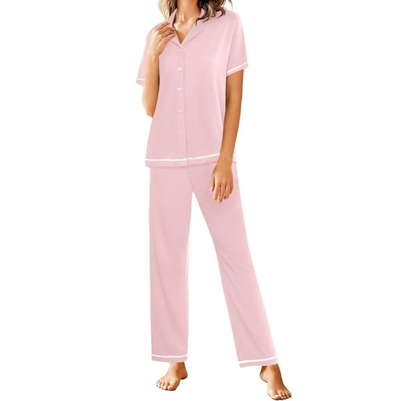 ZZwxWA Cotton Pajamas Sets for Women 2 Piece Button Down Short Sleeve Pj Set with Long Pants Lounge Set Womens Soft Sleepwear
