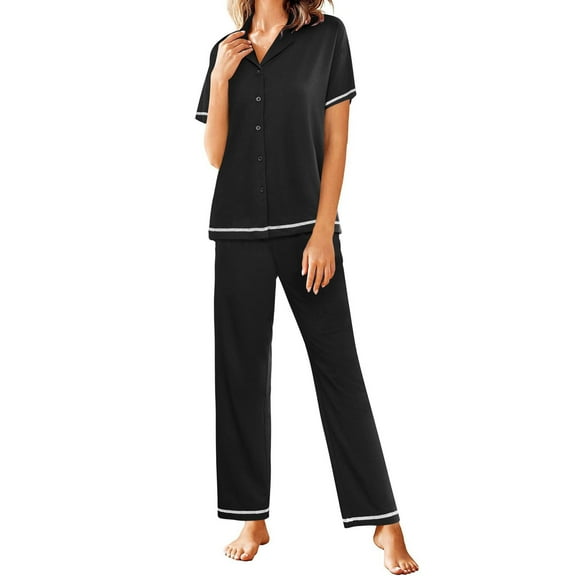 ZZwxWA Cotton Pajamas Sets for Women 2 Piece Button Down Short Sleeve Pj Set with Long Pants Lounge Set Womens Soft Sleepwear