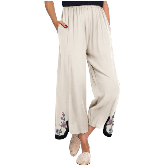 ZZwxWA Cotton and Linen Casual Pants for Women, Thin Retro Ethnic Style Embroidered Wide-Leg Pants, Slimming