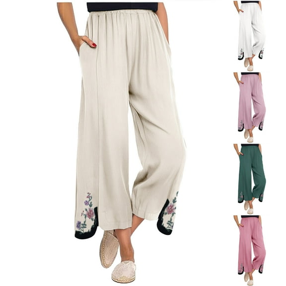ZZwxWA Cotton and Linen Casual Pants for Women, Thin Retro Ethnic Style Embroidered Wide-Leg Pants, Slimming