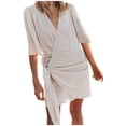 thumbnail image 1 of ZZwxWA Cotton and Linen V-Neck Midi Dress Short Sleeve Wrap Tie Mini Dress Casual Elegant Beach Work Vacation Travel Dresses, 1 of 5