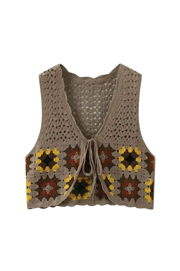 Crochet Floral Sweater Vest for Women Casual V Neck Crop Hollow Out Sleeveless Tie Front Knit Cardigan Vest Womens Jacket