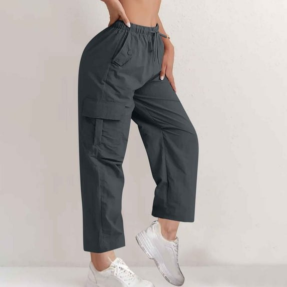 ZZwxWA Croped Pants for Women Hiking Cargo Pants Casual Loose Fit Elastic Waisted Drawstring Multi Pockets Lounge Trousers