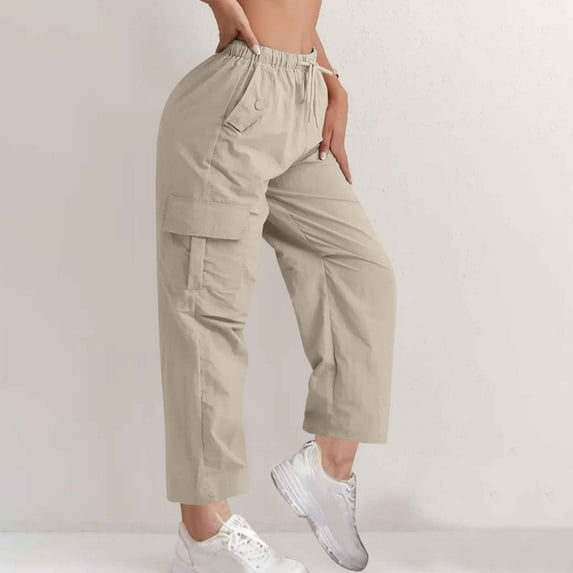 ZZwxWA Croped Pants for Women Hiking Cargo Pants Casual Loose Fit Elastic Waisted Drawstring Multi Pockets Lounge Trousers