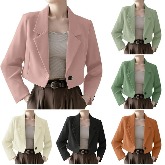 ZZwxWA Cropped Blazer for Women Trendy Petite Jacket Dressy Casual Long Sleeve Work Office Crop Top Womens Lapel Neck One Button Solid Coat