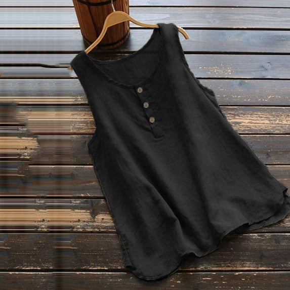 ZZwxWA Cute Solid Women's 2025 Tank Vest Button Tops Oversize Summer Swing Cotton Linen Blouse Sleeveless Round Neck Camisole T-Shirt Black XL