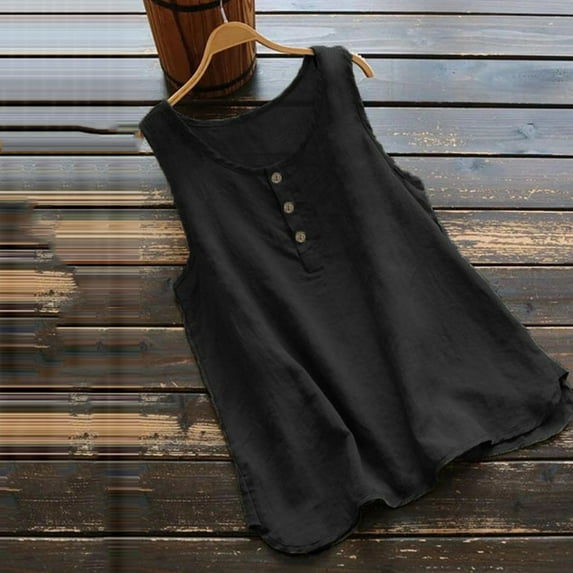ZZwxWA Cute Solid Women's 2025 Tank Vest Button Tops Oversize Summer Swing Cotton Linen Blouse Sleeveless Round Neck Camisole T-Shirt Black XXXL