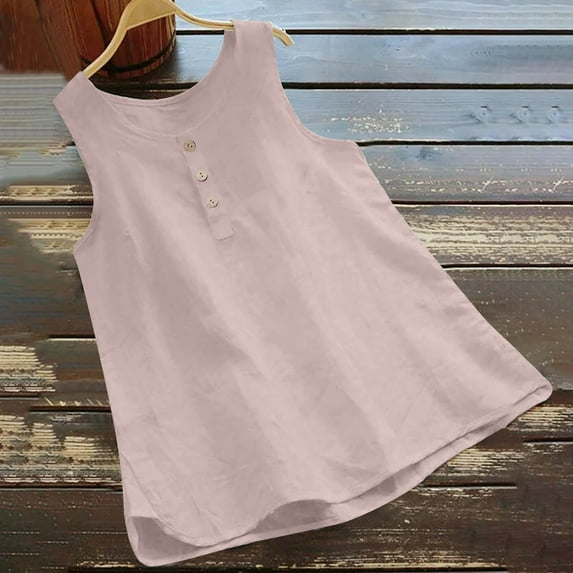 ZZwxWA Cute Solid Women's 2025 Tank Vest Button Tops Oversize Summer Swing Cotton Linen Blouse Sleeveless Round Neck Camisole T-Shirt Pink XL
