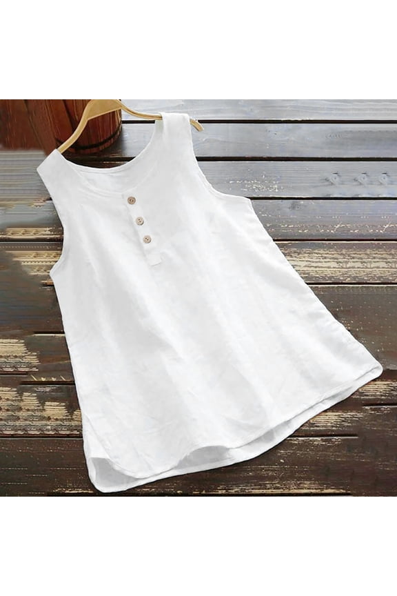 Cute Solid Women's 2025 Tank Vest Button Tops Oversize Summer Swing Cotton Linen Blouse Sleeveless Round Neck Camisole T-Shirt White L