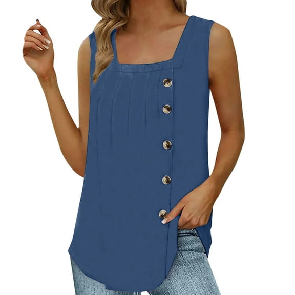 ZZwxWA Cute Square Neck Sleeveless Womens Tops Plus Size Solid Loose Fit Button Blouse Tank Vest Pullover T-Shirt Blue XXXXXL