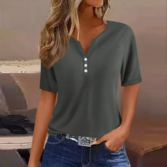 ZZwxWA Women's Casual Solid Color Short-Sleeved V-Neck Top