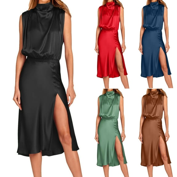 ZZwxWA Daily Wear Women's Summer Formal Satin Dress, Sleeveless Side Slit Flowy Maxi Dresses Wrap Satin Cocktail Midi Dress
