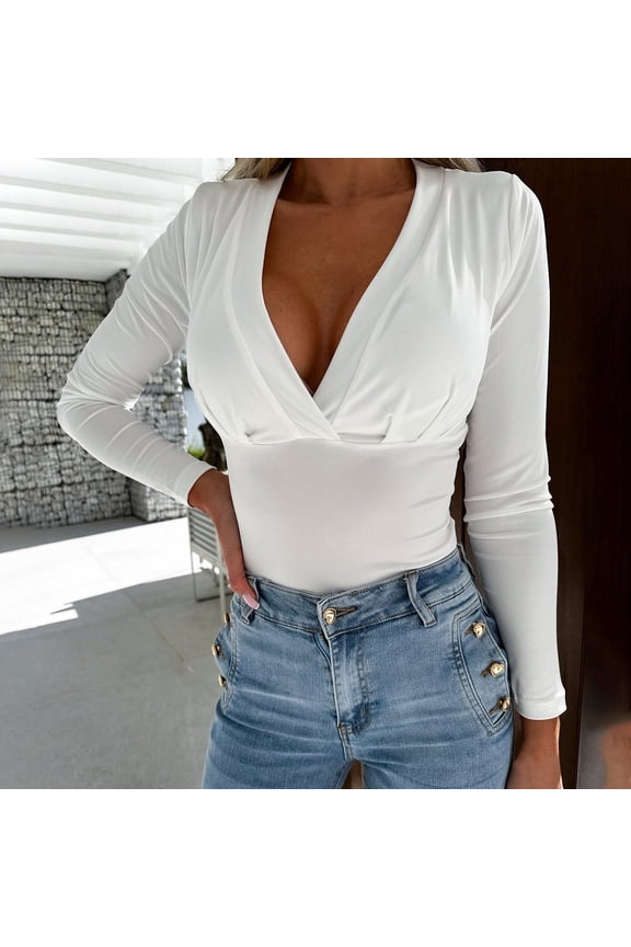 Deep V Neck Tops for Womens Sexy Low Cut Summer Slim Fit T Shirts Long Sleeve Stretchy Basic Fashion Tee