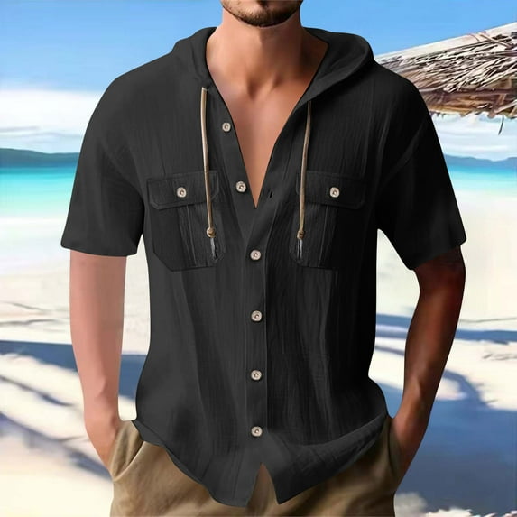 ZZwxWA Drawstring Hooded Shirts for Men Short Sleeve Button Down Shirt Lightweight Casual Summer Beach Top with Pockets up to 45% Off