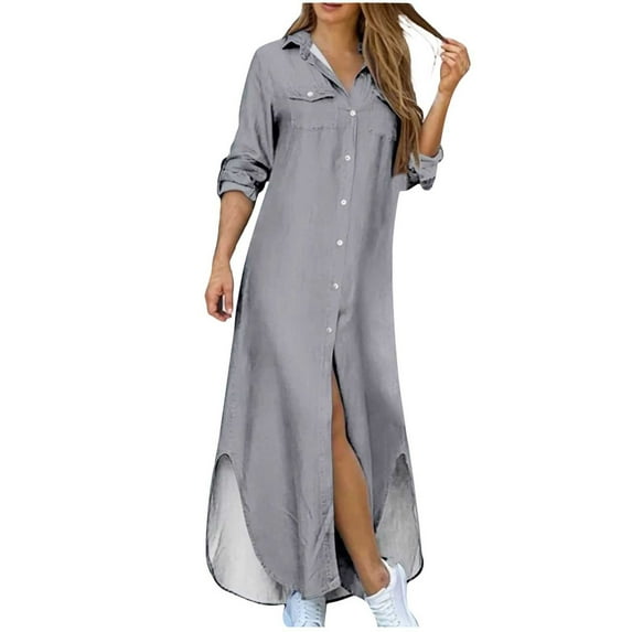ZZwxWA Dresses for Women 2025 Long Sleeve Lapel Solid Maxi Dress Trendy Button Down Plus Size Casual Irregular Summer Holiday Beach Party Dresses Gray XXL